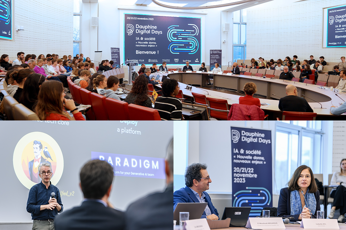 A montage of three photos, showing the president of PSL University, the president's AI advisor, the event venue, and the participants