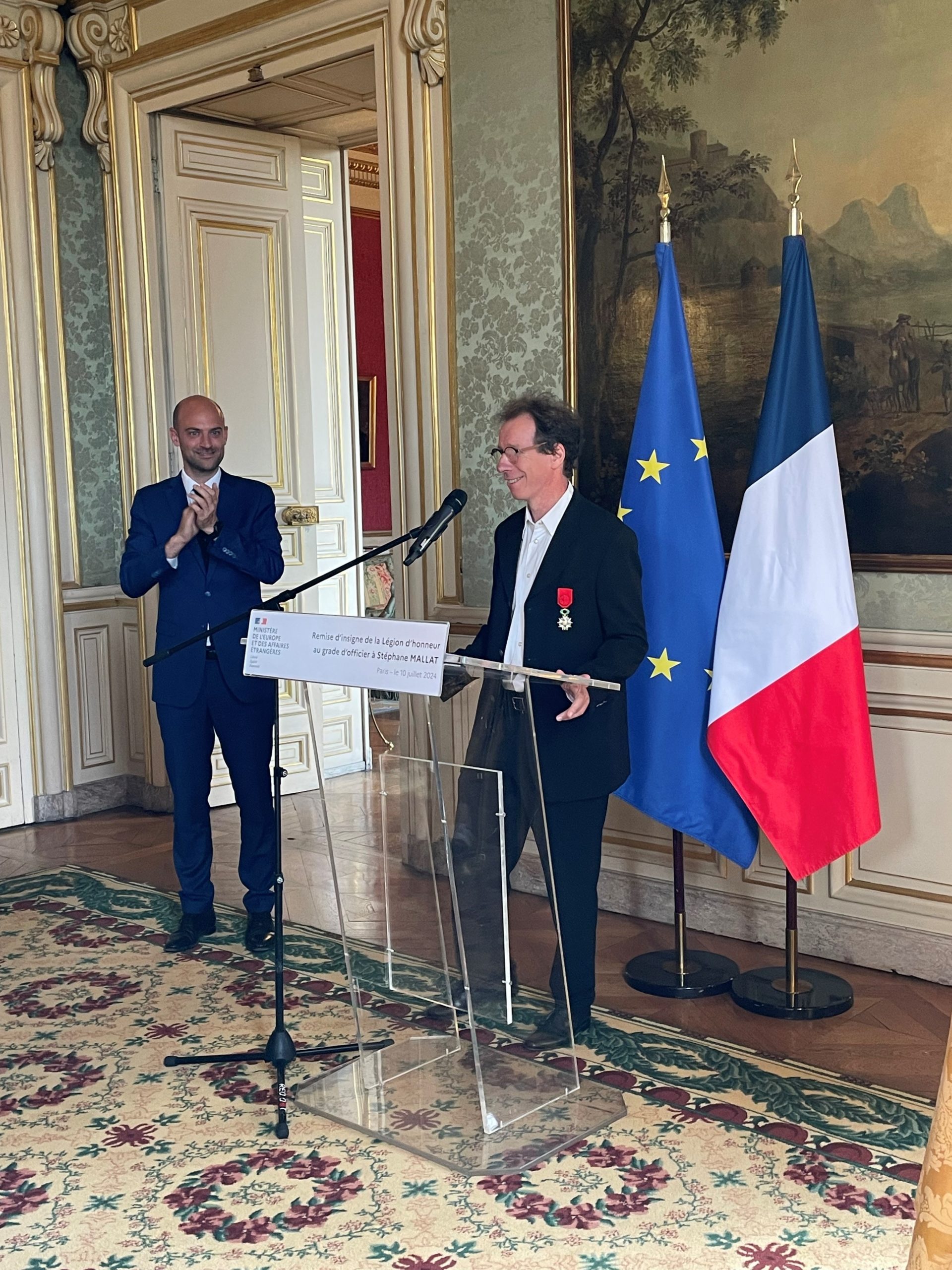 Photo of Stéphane Mallat decorated as an Officer of the Legion of Honor